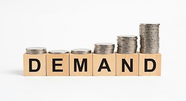 DEMAND 글자와 쌓인 동전들. DEMAND 글자와 쌓인 동전들.